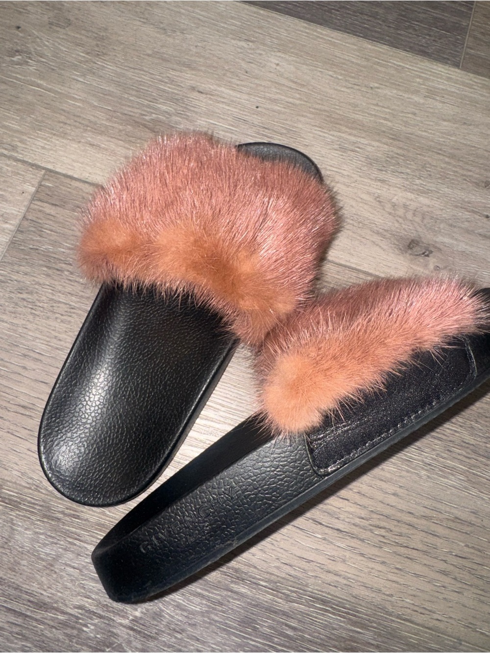 Givenchy Fur mink Slide Sandals - Pink Fur on Black Base